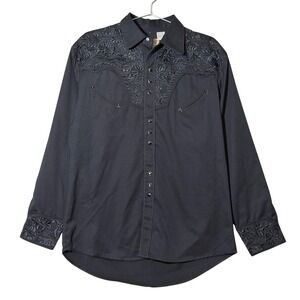 Scully Western Shirt Men Medium Black Floral Embroidered Snap Cowboy‎ Retro